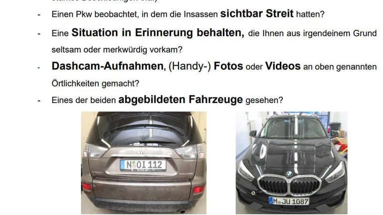Mit diesem Flyer suchte die Polizei nach Zeugen im Fall der vermissten schwangeren Alexandra R. Die zwei Fahrzeuge stehen im Fokus der Ermittler.