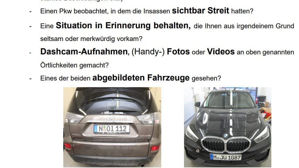 Mit diesem Flyer suchte die Polizei nach Zeugen im Fall der vermissten schwangeren Alexandra R. Die zwei Fahrzeuge stehen im Fokus der Ermittler.