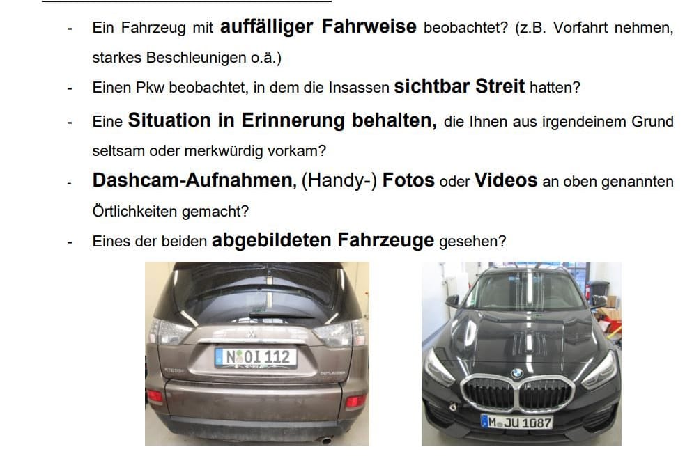 Mit diesem Flyer suchte die Polizei nach Zeugen im Fall der vermissten schwangeren Alexandra R. Die zwei Fahrzeuge stehen im Fokus der Ermittler.