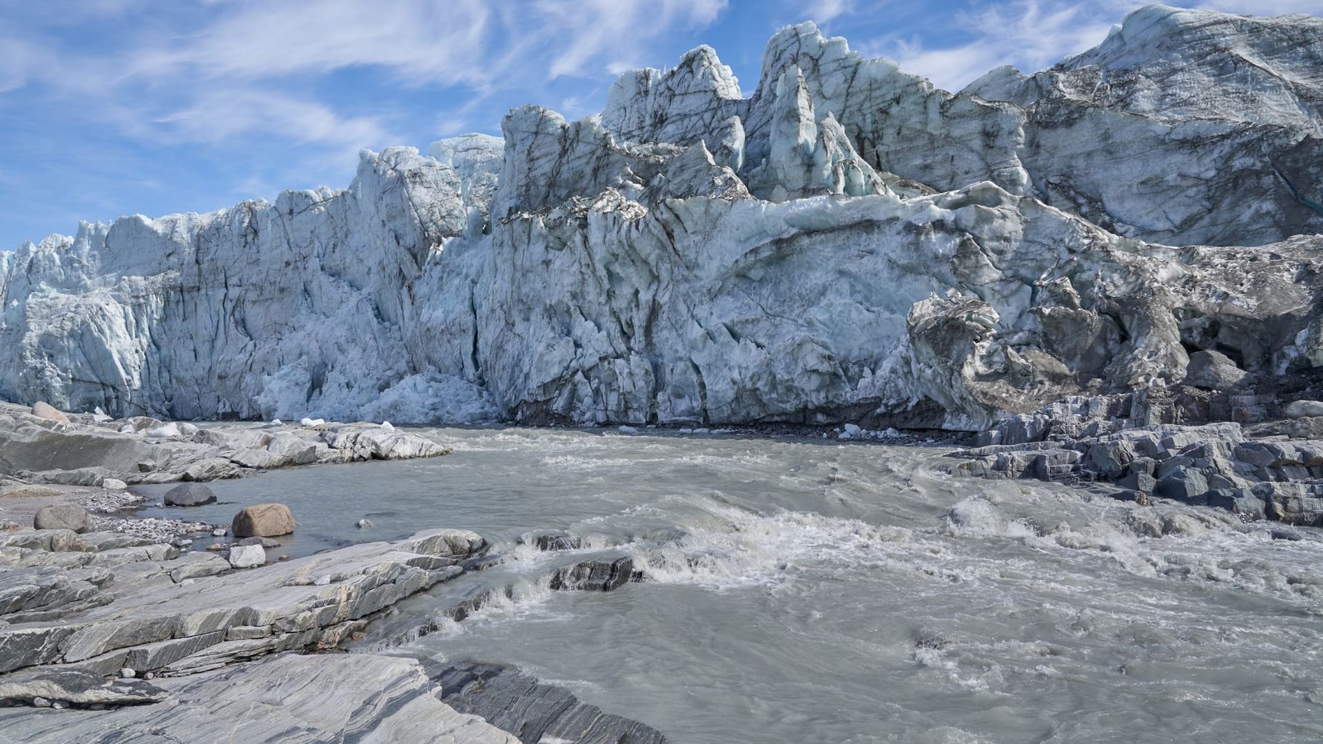 Die sogenannte Kalbungsfront des Russell-Gletschers in der Nähe der grönländischen Siedlung Kangerlussuaq.