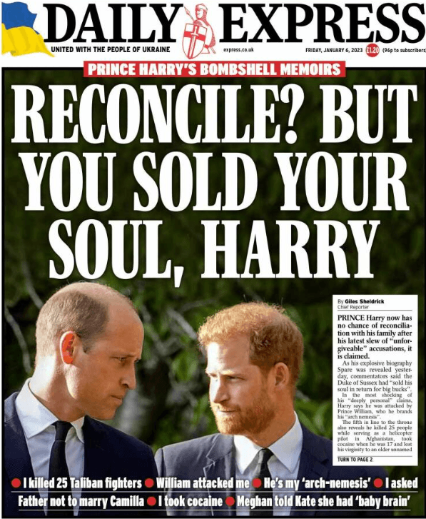 Der "Daily Express" titelt am Freitag: "Versöhnung? Du hast deine Seele verkauft, Harry"