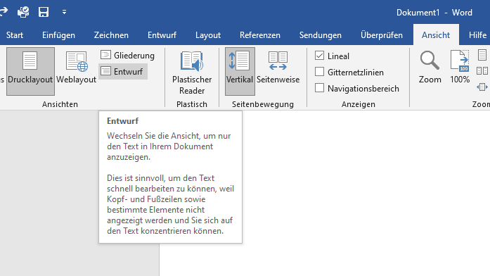 In der Ansichtsoption "Entwurf" haben Sie einen Überblick über die Seitenumbrüche.