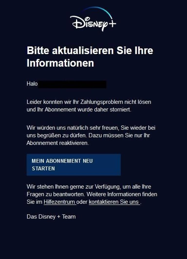Angebliche Mail von Disney+: Bereits der Schreibfehler bei der Anrede sollte Nutzer stutzig machen - es handelt sich um Phishing.