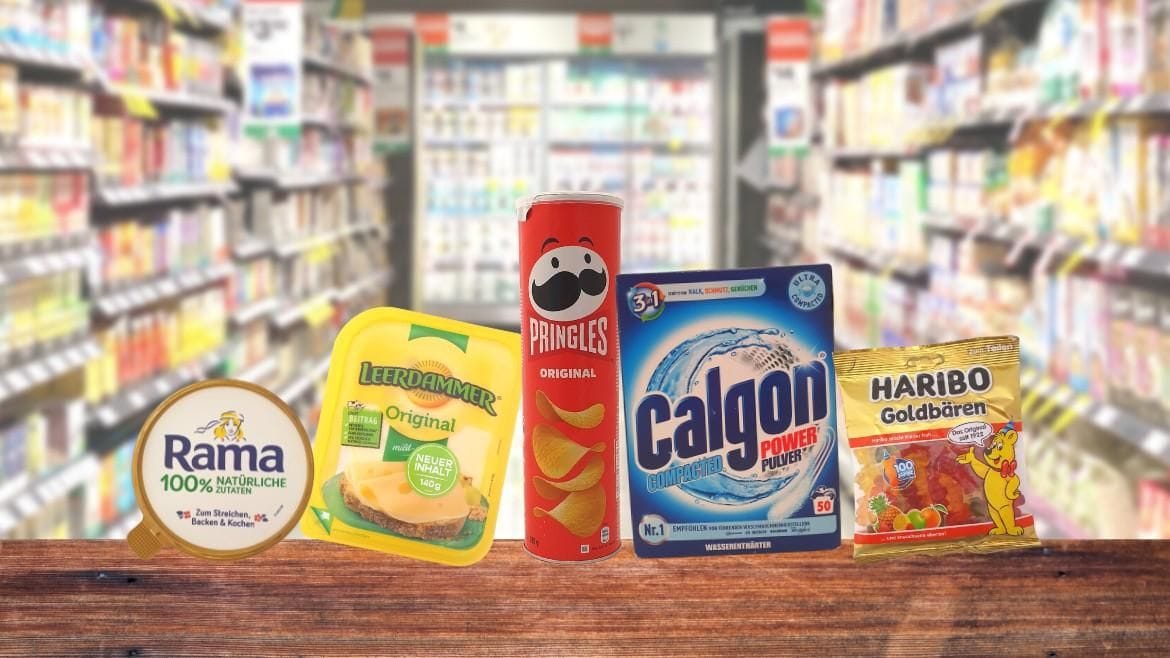 Das waren die Kandidaten für die "Mogelpackung des Jahres 2022": "Rama"-Margarine, "Leerdammer"-Käse, "Pringles"-Chips, Wasserenthärter von "Calgon" und Haribo-Gummitierchen (v.l.n.r.).