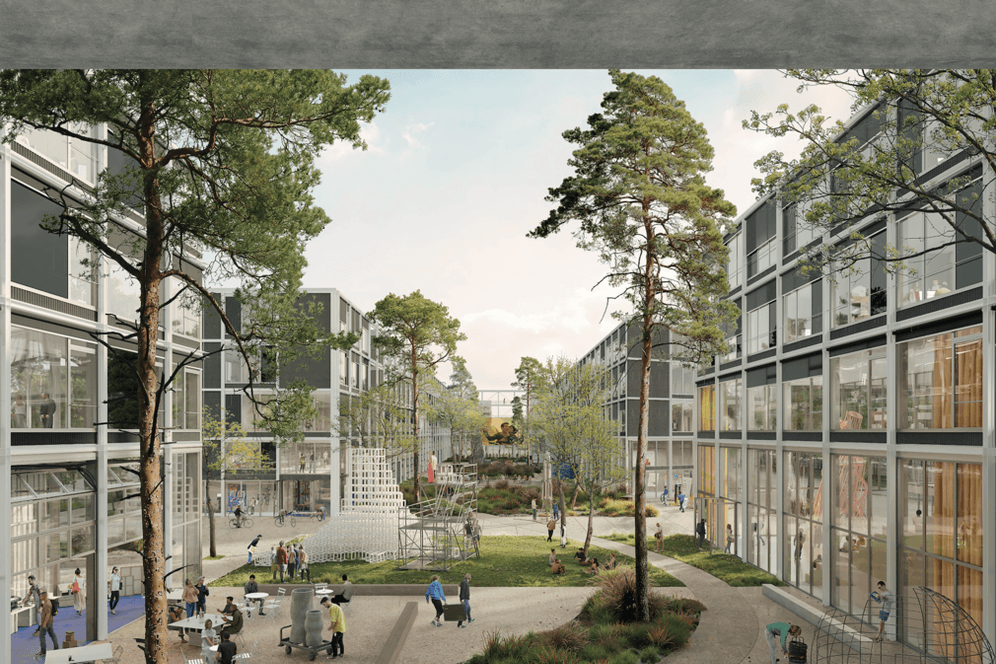 Der Siegerentwurf für den neuen Campus der Hochschule für Gestaltung (HfG): Das Gebäudekomplex soll am Offenbacher Hafen entstehen.