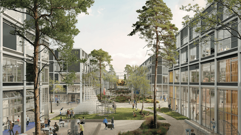 Der Siegerentwurf für den neuen Campus der Hochschule für Gestaltung (HfG): Das Gebäudekomplex soll am Offenbacher Hafen entstehen.