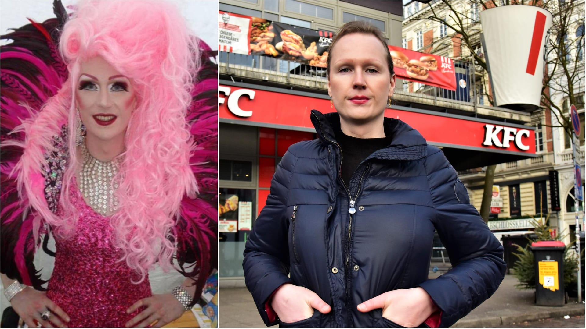 Samia Stöcker steht vor dem Schnellrestaurant, vor dem sie niedergestreckt wurde: Das andere Bild zeigt sie als Dragqueen Sina Valentina.