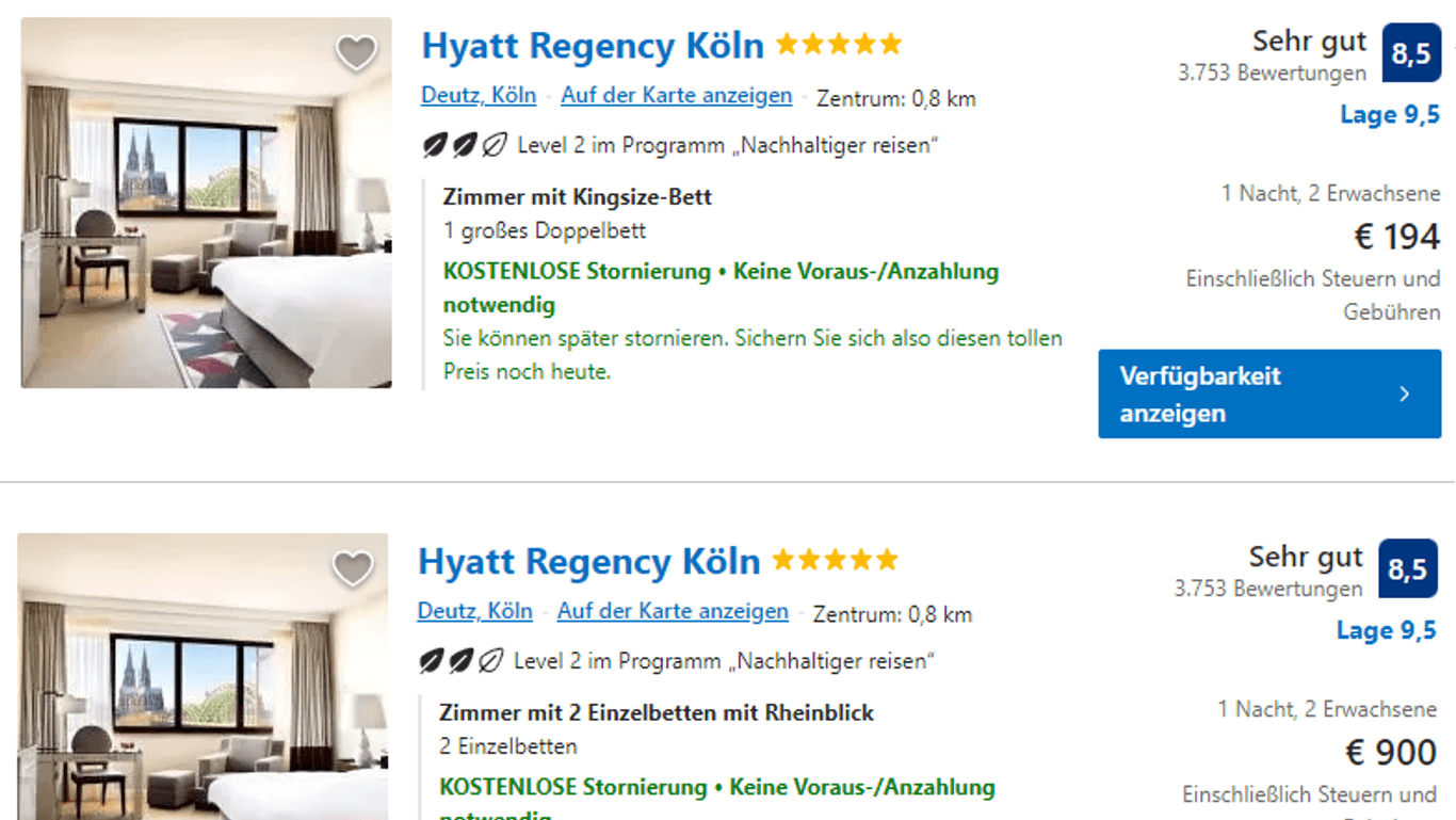 Mehr als das Vierfache: Im Hyatt kostet die Übernachtung an Weiberfastnacht 900 Euro.