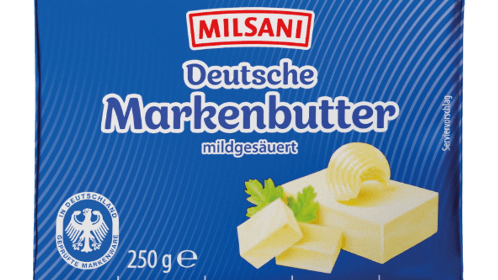Ein Viertelpfund Aldi-Butter der Marke Milsani