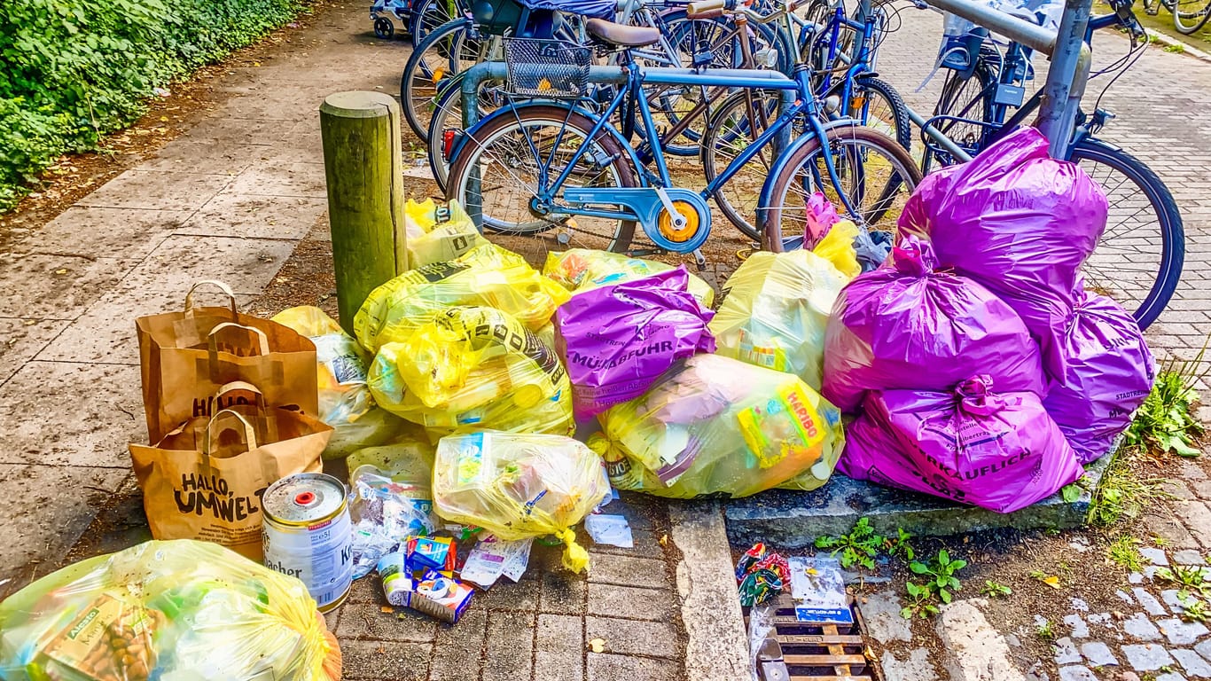 Gelbe und rosa Müllsäcke am Straßenrand in Hamburg (Archivbild): Seit 2015 wird das Entsorgungssystem auf feste Müllanlagen umgestellt.