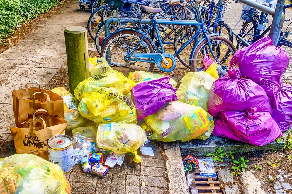 Gelbe und rosa Müllsäcke am Straßenrand in Hamburg (Archivbild): Seit 2015 wird das Entsorgungssystem auf feste Müllanlagen umgestellt.