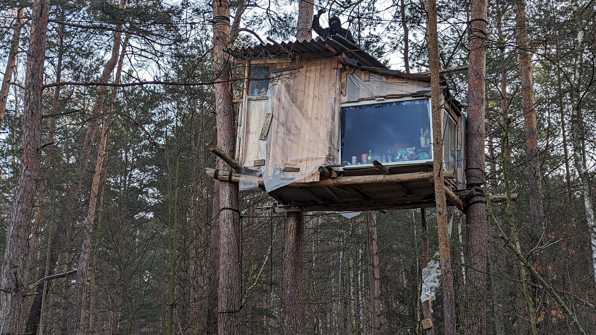 Ein vermummter Besetzer hat auf dem Dach seines Baumhauses ein Arbeiterlied angestimmt.