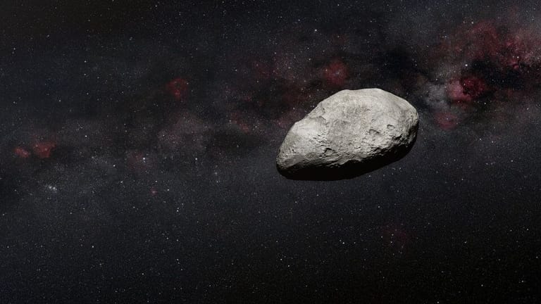 Illustration of Asteroid (Artist’s Impression): Ein bisher unbekannter Asteroid mit einer Größe von 100-200 Metern - etwa so groß wie das Kolosseum in Rom - wurde von einem internationalen Team europäischer Astronomen mit dem James-Webb-Weltraumteleskop der NASA/ESA/CSA entdeckt.