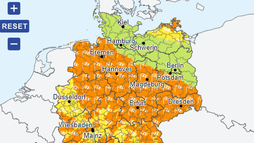 In den orangen Regionen ist mit Sturmböen zu rechnen.