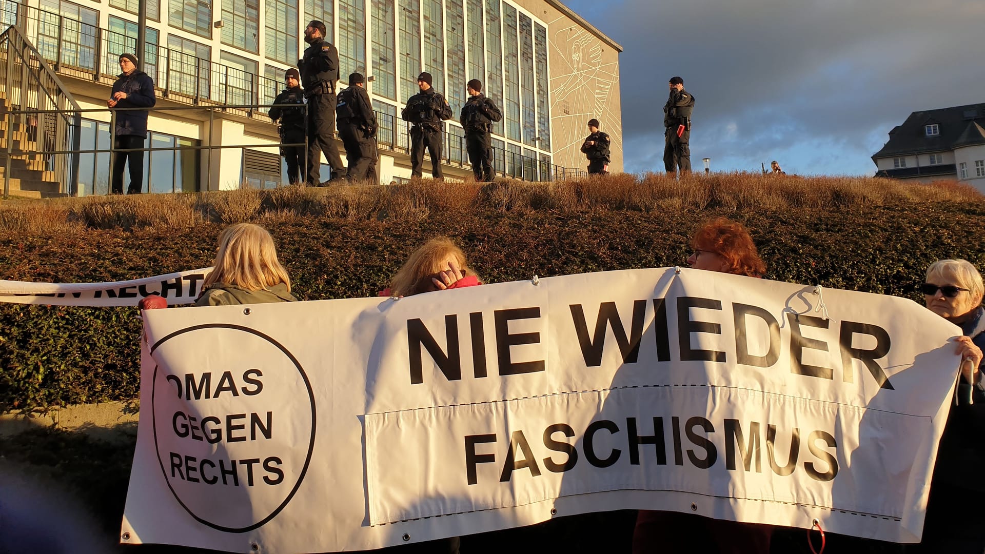 Demonstranten postieren sich bei der Feier zum zehnjährigen Bestehen der AfD in Königstein im Taunus.