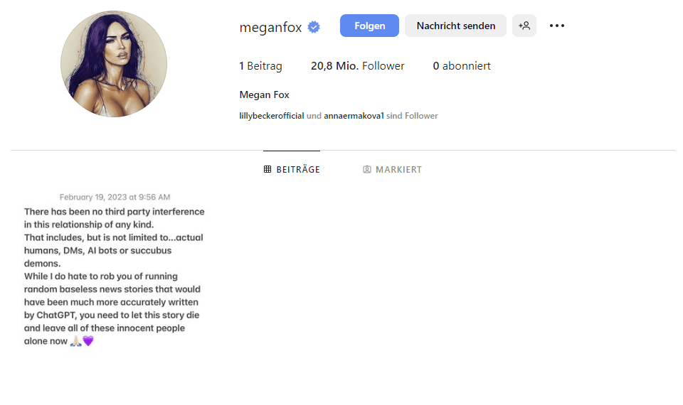 Megan Fox auf Instagram: Erstaunlich wenig Inhalt für diese Anzahl an Follower
