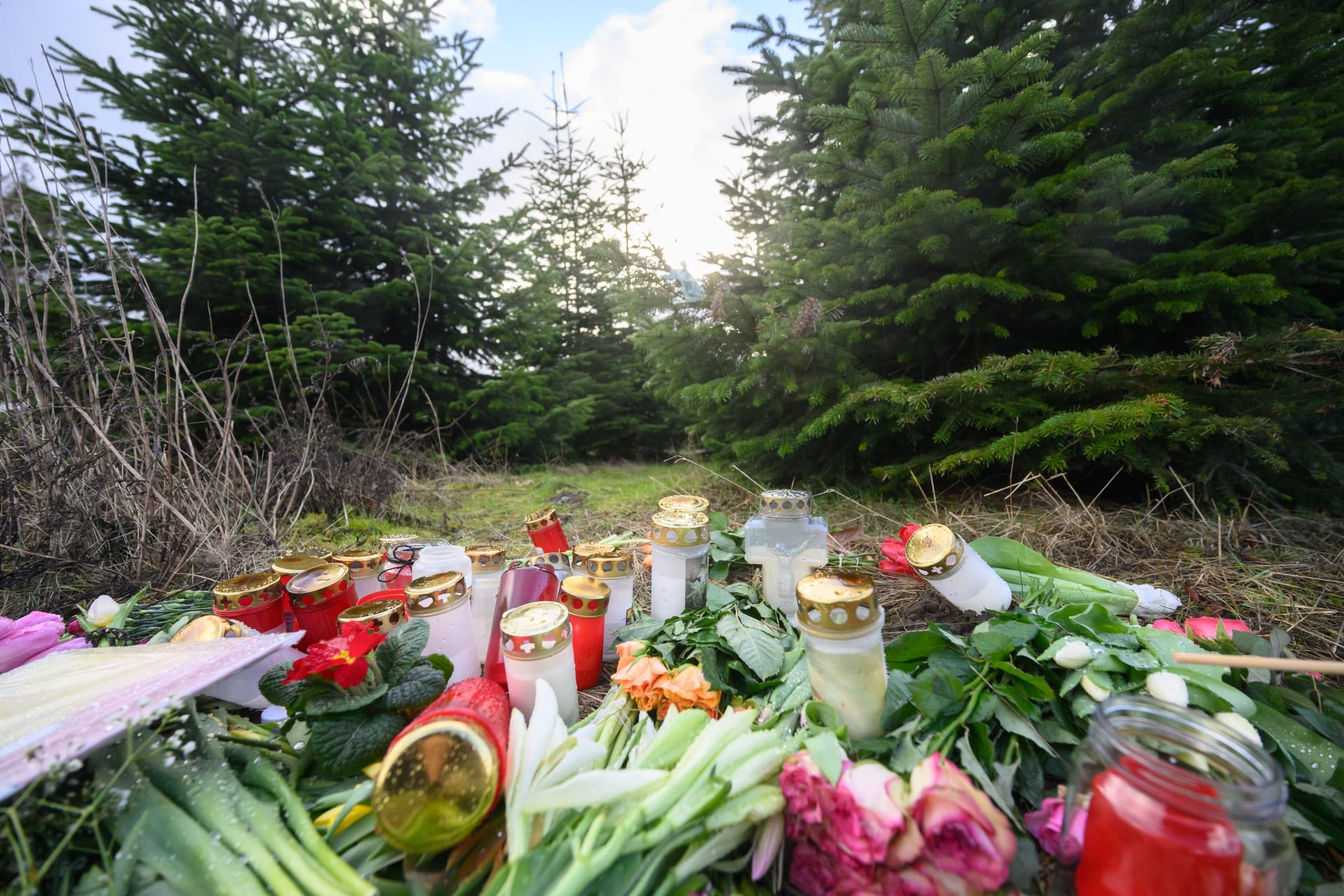 Blumen und Kerzen liegen an einer Tannenbaumschonung in Wunstorf-Blumenau: Nach der Tötung eines 14-jährigen Jungen sind die Hintergründe der Tat weiter unklar.