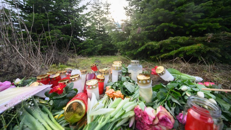 Blumen und Kerzen liegen an einer Tannenbaumschonung in Wunstorf-Blumenau: Nach der Tötung eines 14-jährigen Jungen sind die Hintergründe der Tat weiter unklar.