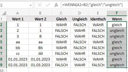 Formel zum Vergleichen von Spalten.