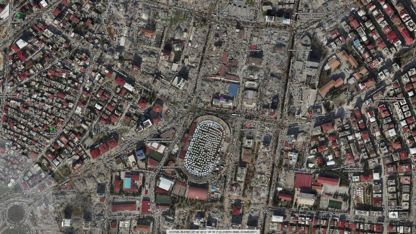 Composite satellite image shows AFAD temporary shelter tents in Kahramanmaras