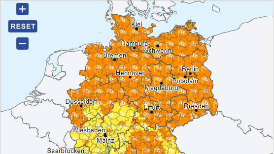 Die Karte des Deutschen Wetterdienstes (DWD) zeigt Warnstufe 2 für den gesamten Norden: Wetter-Experten warnen vor Sturmböen.