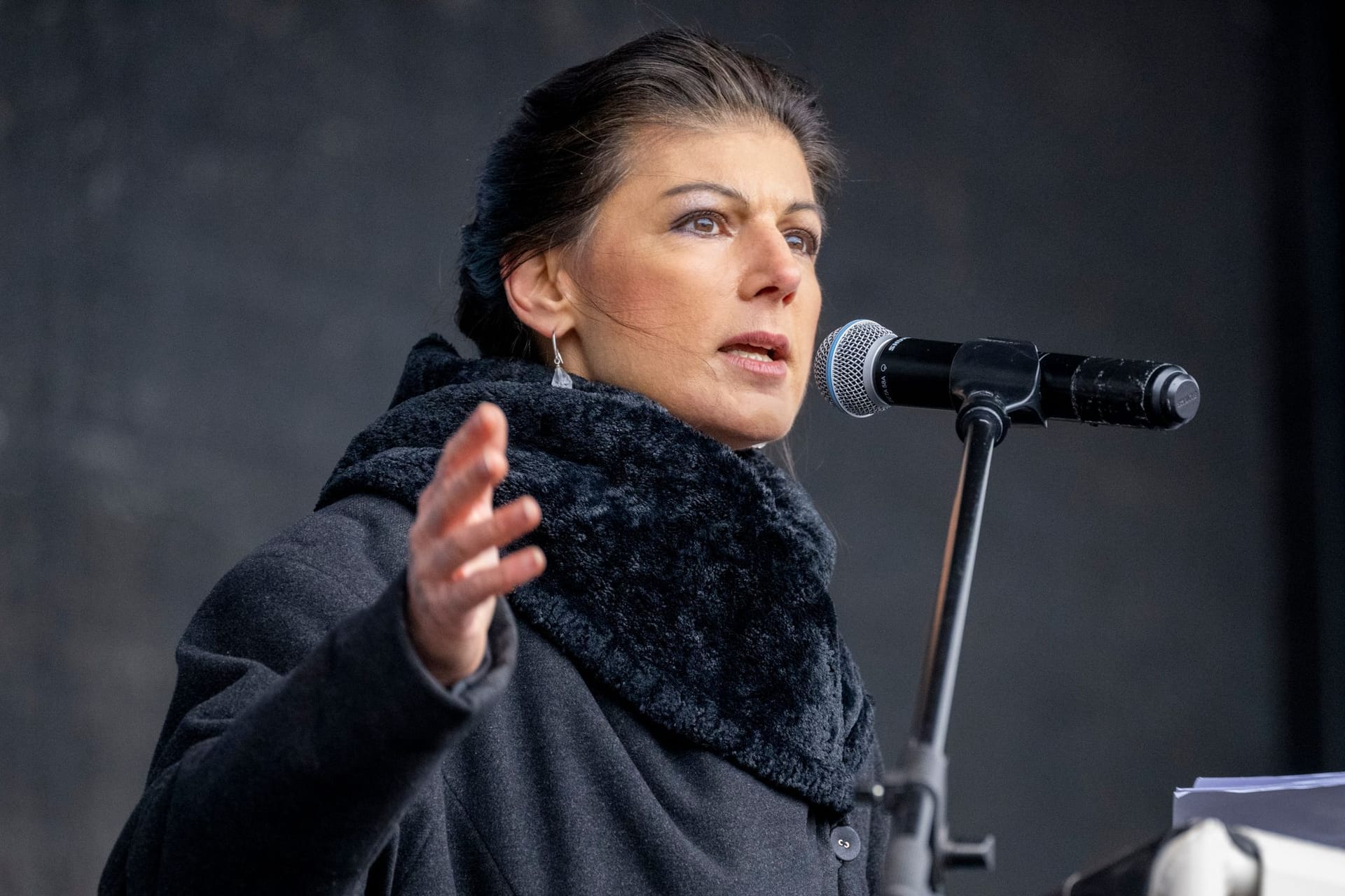 Linken-Politikerin Sahra Wagenknecht während der Kundgebung am Brandenburger Tor in Berlin.