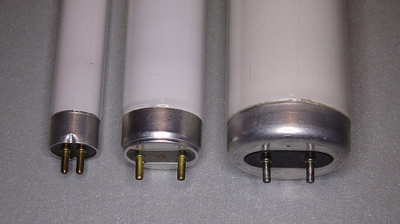 Verschiedene Leuchtstoffröhren: Lampen mit den Sockelformaten G5 (Typ T5), G13 (Typ T8) und G13 (Typ T12). Einige Unterarten dürfen ab dem 25. Februar EU-weit nicht mehr in den Verkehr gebracht werden.