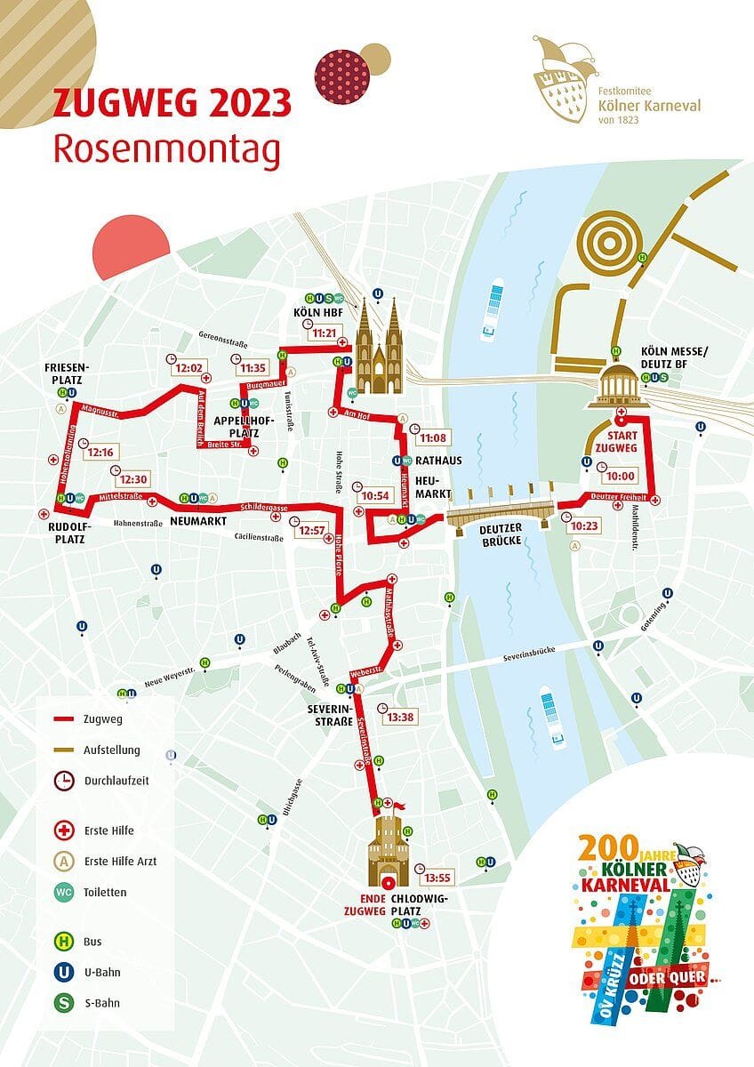 Die Route des Rosenmontagzugs: 12.000 Teilnehmer ziehen am Rosenmontag durch Köln.