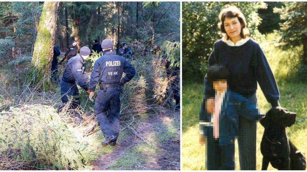 Polizisten durchsuchen ein Waldgebiet im Landkreis Harburg: Dort wurde Gitta Schnieder, Mutter eines Sechsjährigen, im April 1989 getötet.