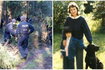 Polizisten durchsuchen ein Waldgebiet im Landkreis Harburg: Dort wurde Gitta Schnieder, Mutter eines damals sechs Jahre alten Jungen, im April 1989 getötet.
