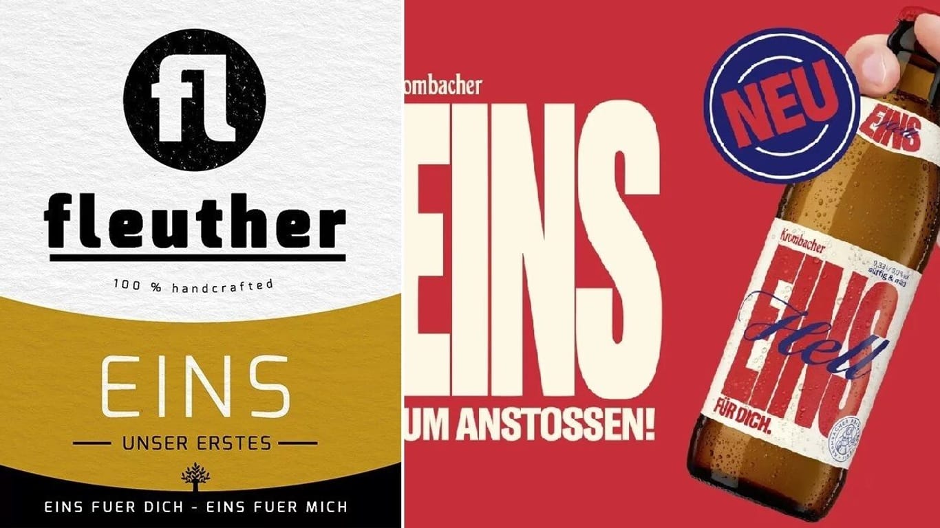 Das Bier der Marke Fleuther (links) und das neue Krombacher-Bier (rechts): Beide Getränke tragen denselben Namen.