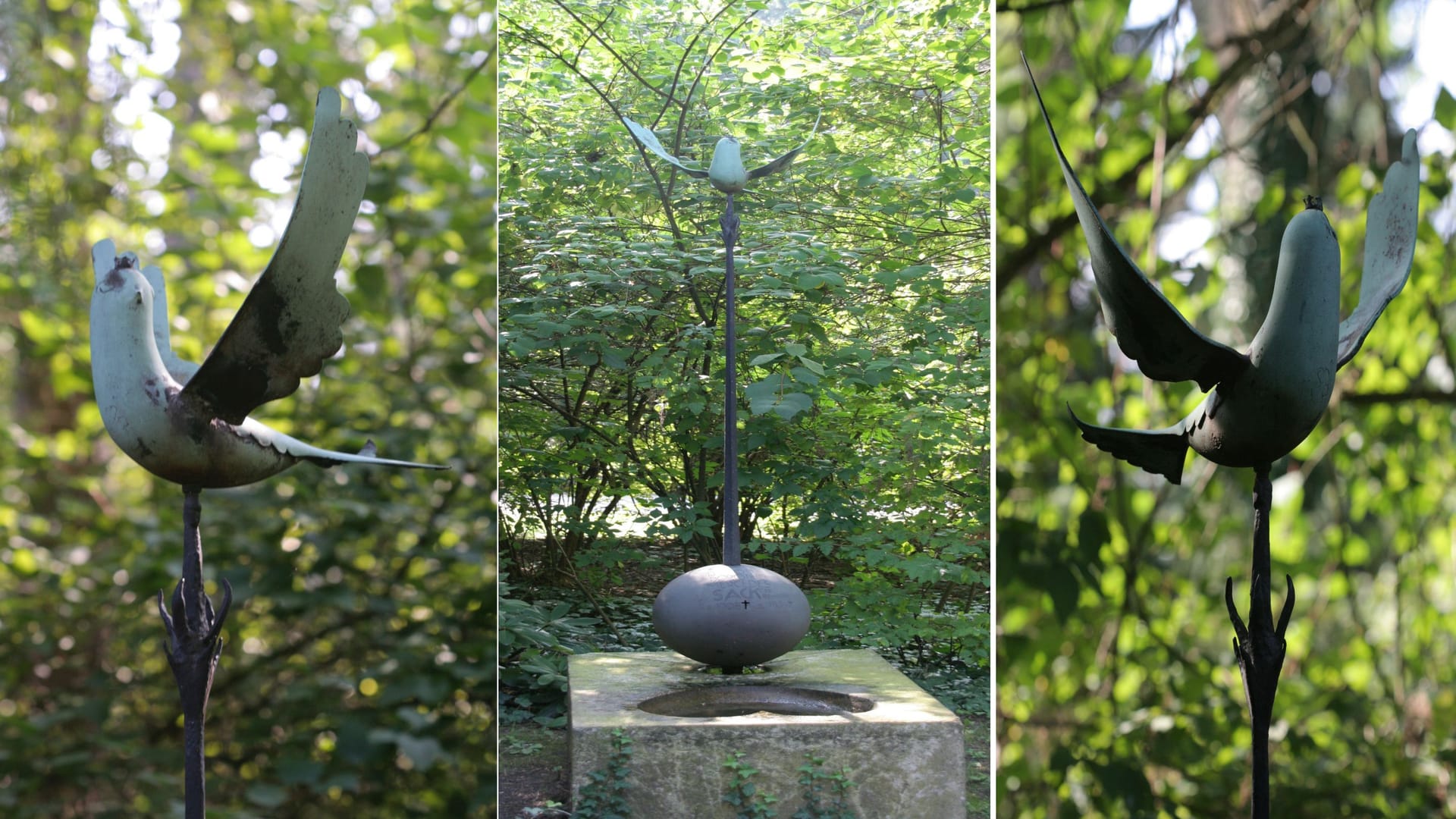 Seit Dezember ist sie verschwunden: Fahndungsfoto der gestohlenen Bronzetaube auf dem Südfriedhof.