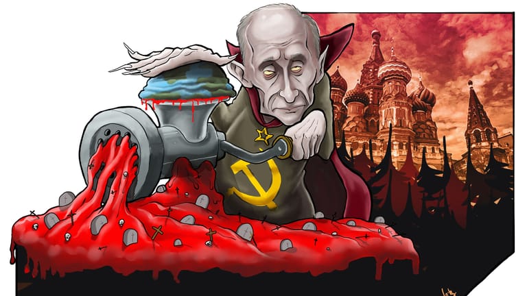 Putin als Horror-Figur: Beim Kölner Rosenmontagszug wird der russische Machthaber scharf kritisiert. (Quelle: Festkomitee Kölner Karneval)
