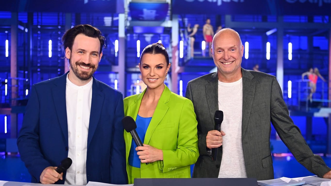 "RTL-Turmspringen": Jan Köppen, Laura Wontorra und Frank Buschmann (v.l.) moderieren das TV-Event.