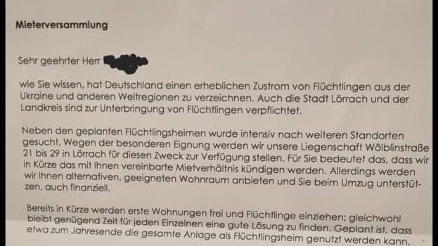 Lörrach: Mit diesem Schreiben werden Mieterinnen und Mieter über die baldige Kündigung ihrer Wohnung informiert.