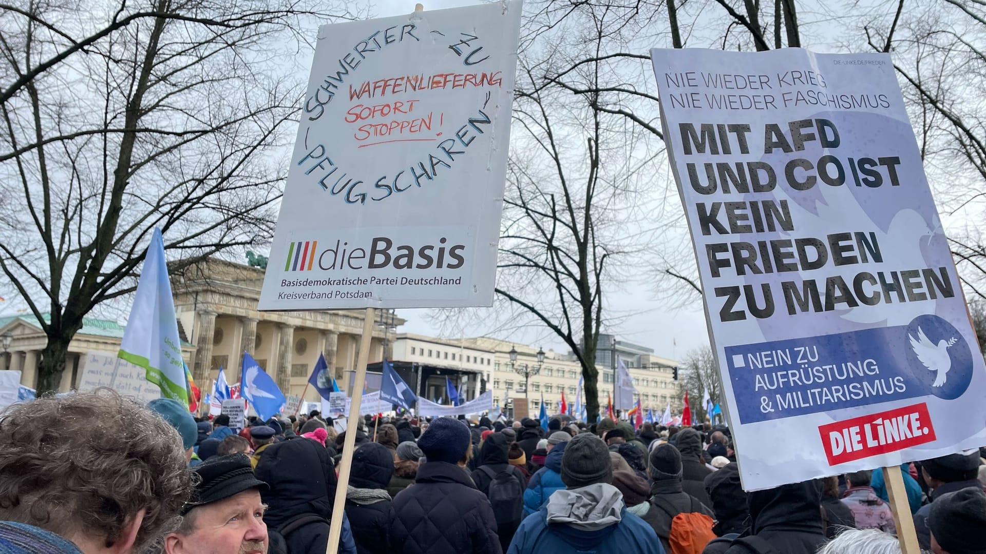 Anhänger der "Basis" und der "Linken" demonstrieren gemeinsam.