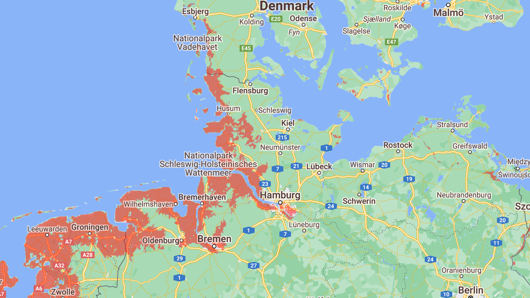 Visualisierung zu Überflutungsgefahren: Die rot markierten Regionen sind besonders von einem steigenden Meeresspiegel betroffen.