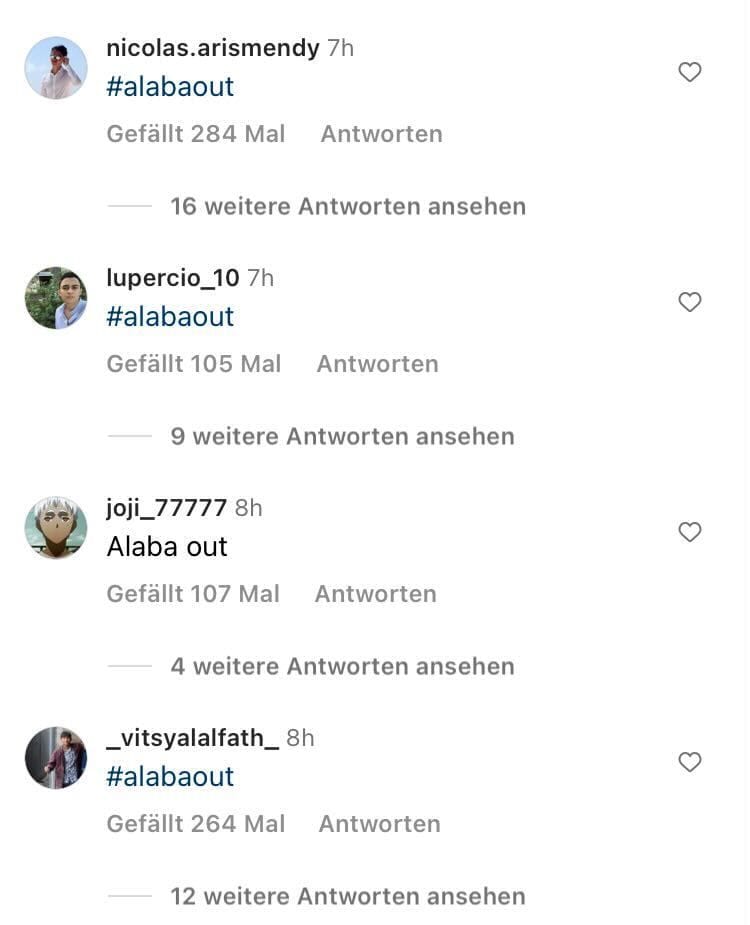 Beispiele von neuen Kommentaren unter Alabas Instagram-Post, der über eine Woche her ist.