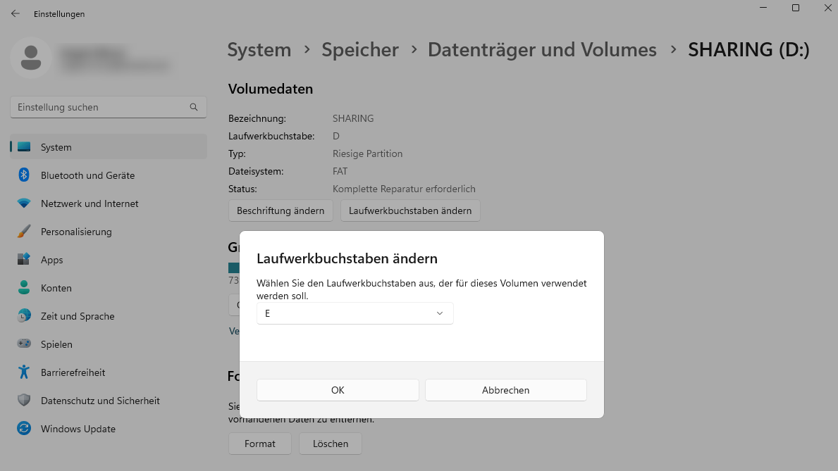 Der Partition einen anderen Laufwerksbuchstaben zuweisen.