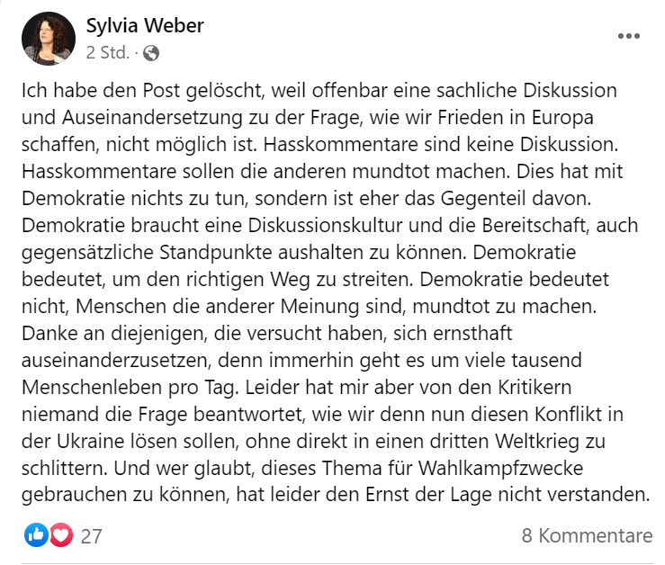 Webers Stellungnahme: Gegenüber t-online äußerte sie sich nicht.