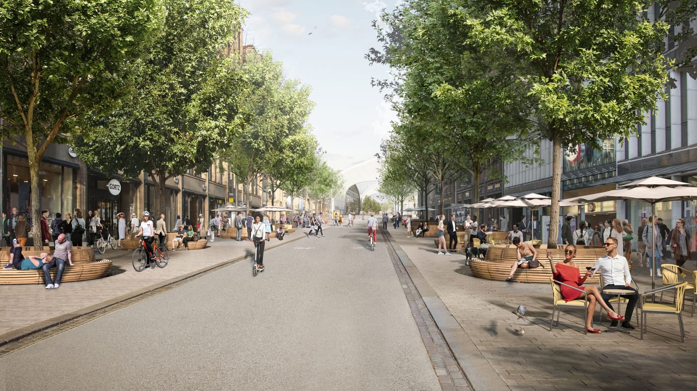 Der "Runde Tisch Innenstadt" hat sich geeinigt, den Verkehr in der Mönckeberg- und Steinstraße auf Busse, Taxen und Radfahrer zu beschränken. Dadurch ergeben sich neue Grün- und Freiflächen.