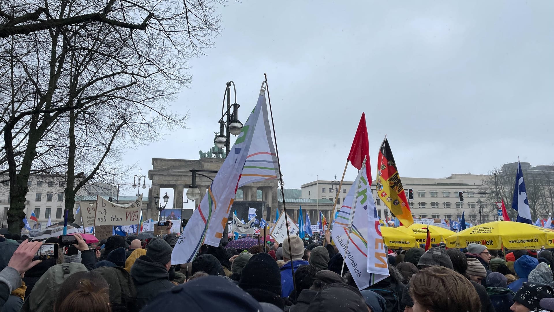 Eine bunte Mischung an Flaggen findet sich vor Ort: Neben Linken- und AfD-Flaggen gibt es auch "Querdenker"-Merchandise.