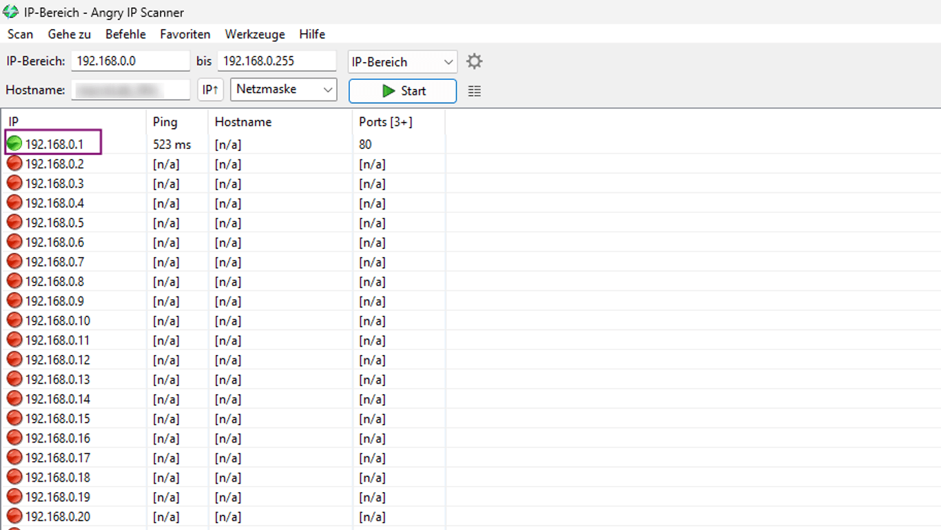 Der Angry IP Scanner pingt alle IP-Adressen eines Adressbereichs an.