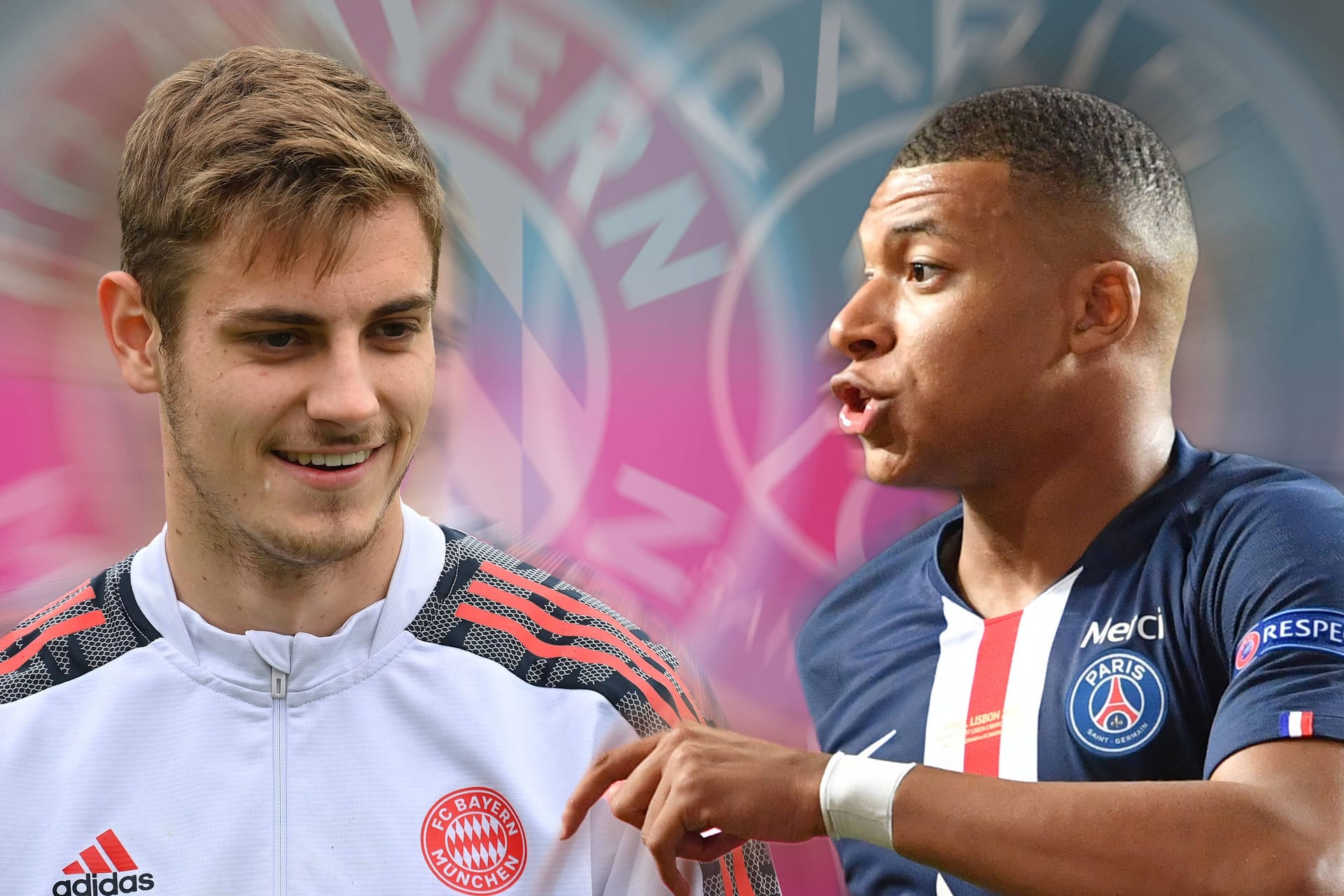 Josip Stanišić (l.) und Kylian Mbappé: Der Bayern-Profi steht vor der bislang größten Herausforderung seiner Karriere und soll den Superstar aufhalten.