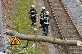 Ein umgestürzter Baum liegt auf einem Bahngleis (Symbolbild): Für Norddeutschland gibt es eine Unwetterwarnung.