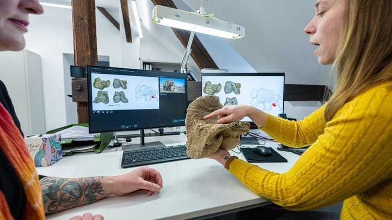 Archäologin Julia Ricken (r) und die Finderin Simone Grundmann schauen sich die Knochen eines 15.000 Jahre alten Wollhaar-Mammuts an.