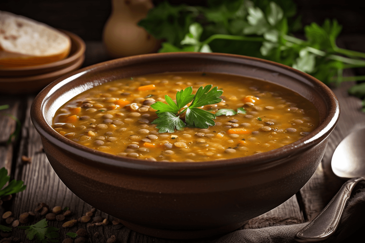 vegane Linsensuppe in einer Schale serviert