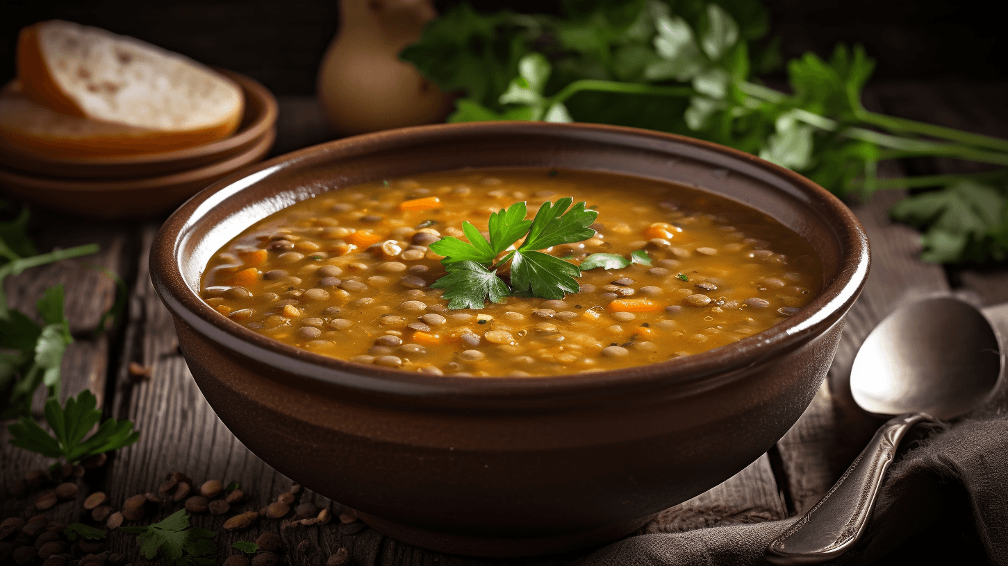 vegane Linsensuppe in einer Schale serviert