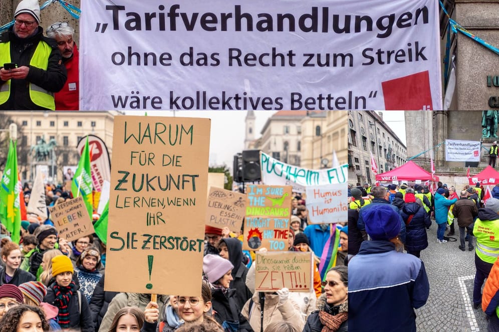 Das sieht man nicht jeden Tag: Klimaaktivisten streiken zusammen mit Verdi-Mitgliedern, die zurzeit im ÖPNV ihre Arbeit niederlegen.