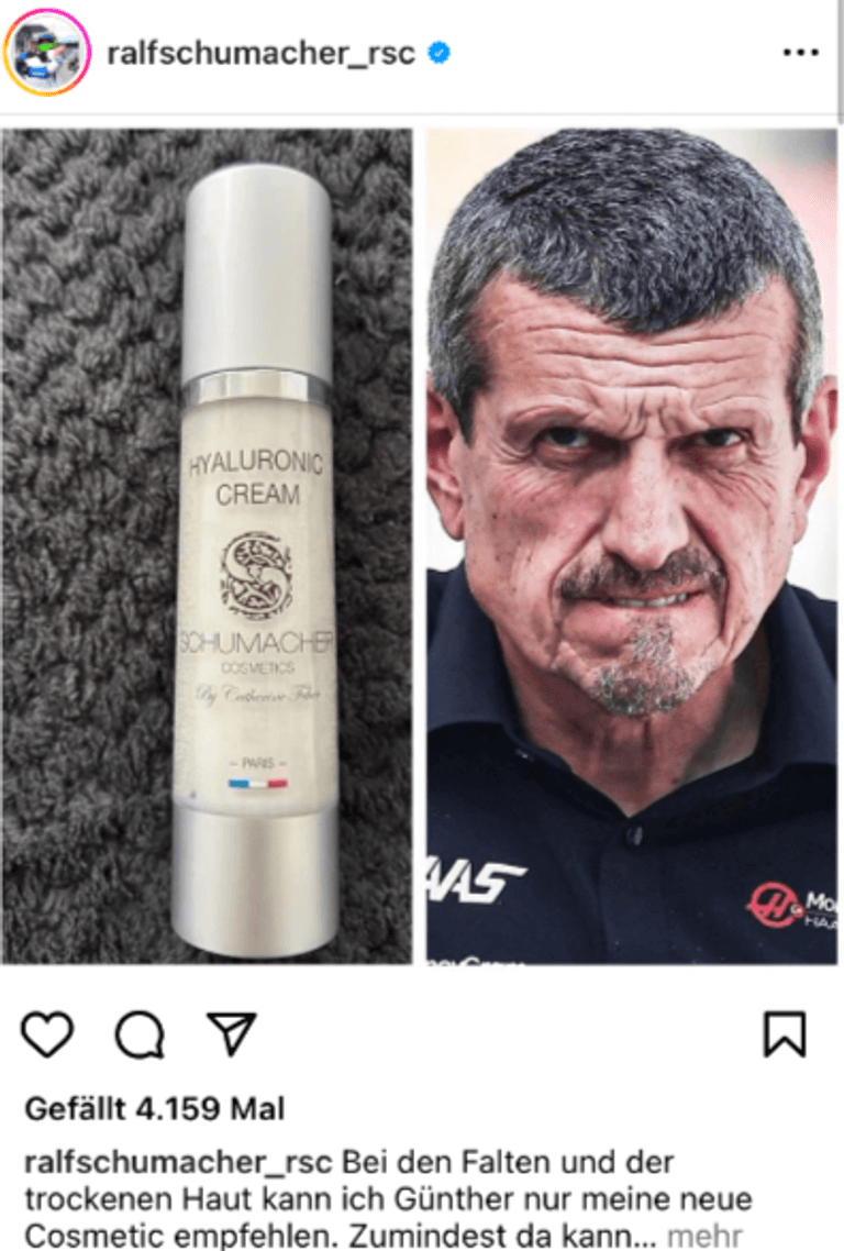 Der inzwischen gelöschte Post von Ralf Schumacher: Er postete ein Foto von seiner bald erscheinenden Creme und dem Gesicht von Günther Steiner.